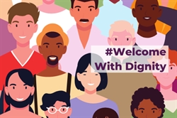 [ai] An illustration of diverse faces of people with varying hairstyles and features, with the text '#Welcome With Dignity' prominently displayed on a white background.